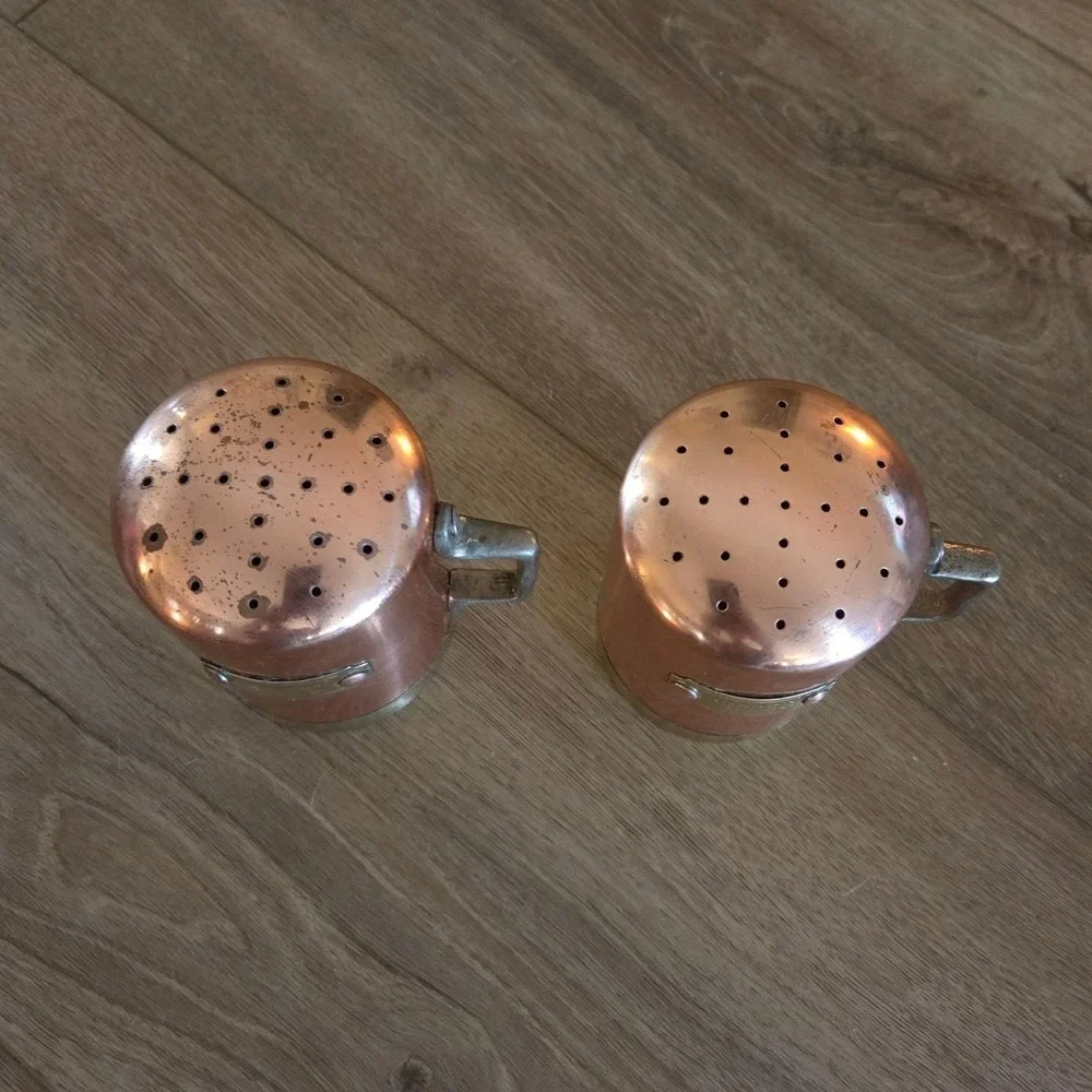 Vintage Copper &‎ Brass Salt & Pepper Shakers Set, Handle, Kitchen Decor